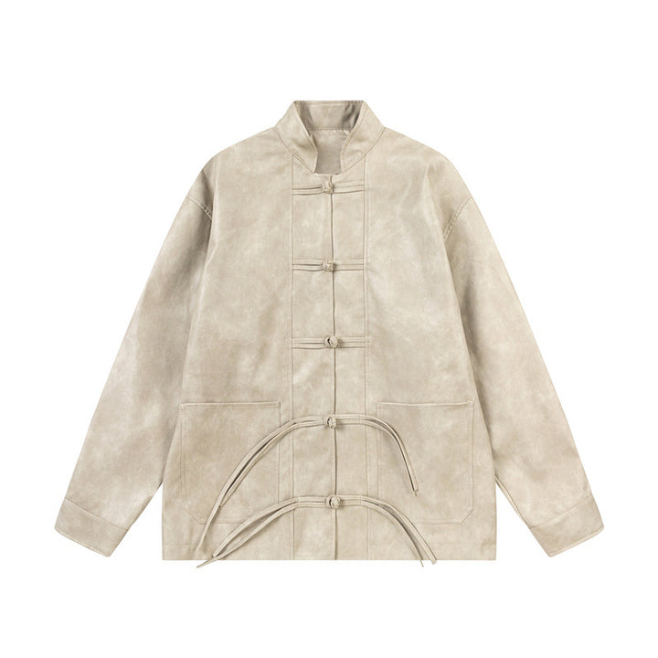 Unisex Asian inspired oversized jacket with mandarin collar and knot closures Mune Fashion