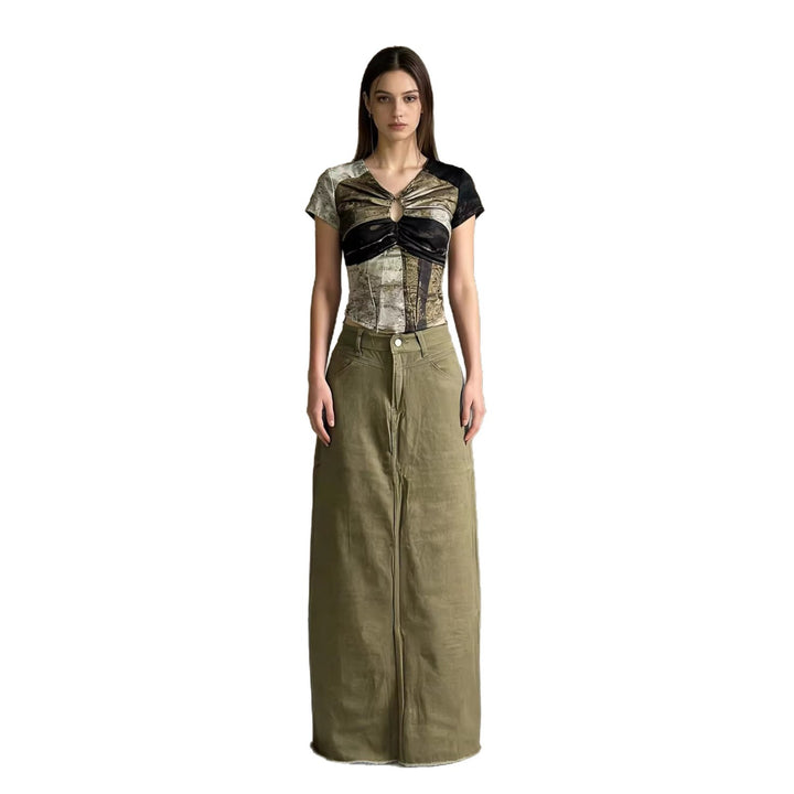 Ladies nan longer High-Waist Denim Maxi Skirt with straight silhouette and raw hem Mune Fashion