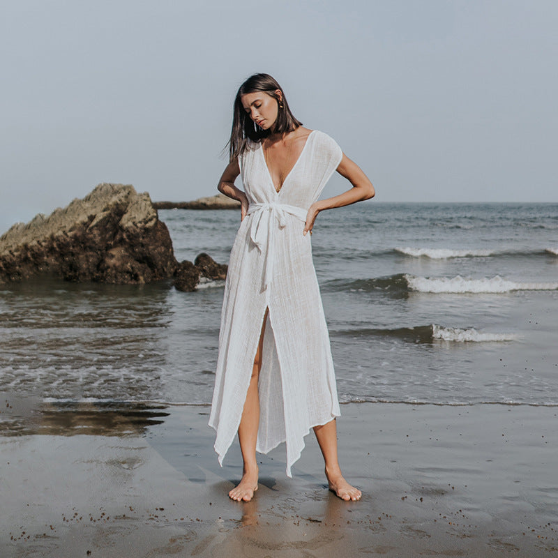 Women airy beach dress with tie belt Mune Fashion