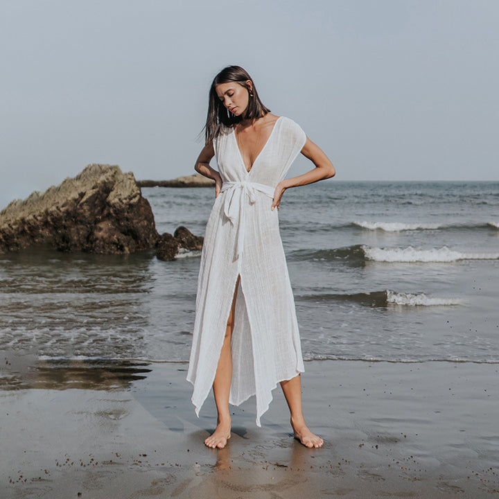 Women airy beach dress with tie belt Mune Fashion