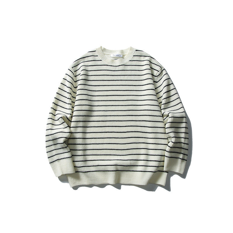 Unisex wide rib knit sweater with maritime stripe pattern and straight hem Mune Fashion