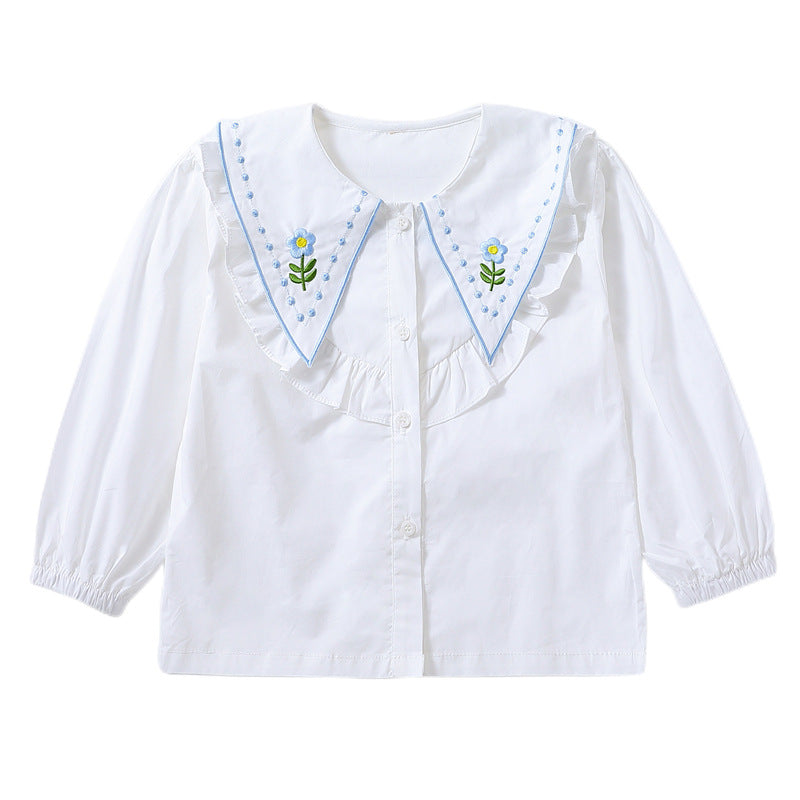 Girl Ruffle Blouse with Embroidered Collar Mune Fashion