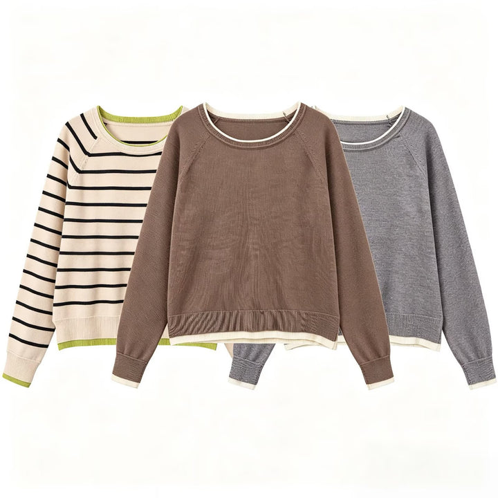 Women fine knit sweater with layer look, round neck and raglan sleeves Mune Fashion