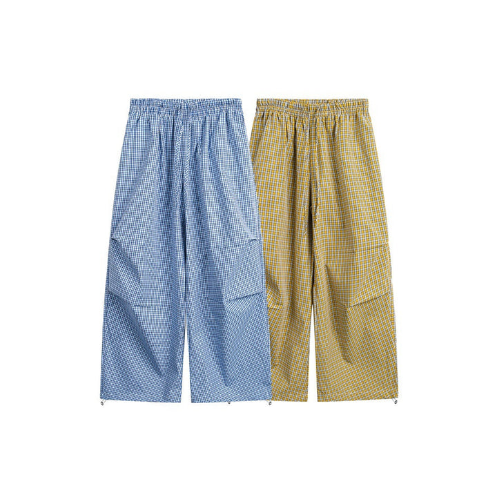 Women's wide cotton trousers with elastic waistband, check pattern and adjustable hem cord Mune Fashion