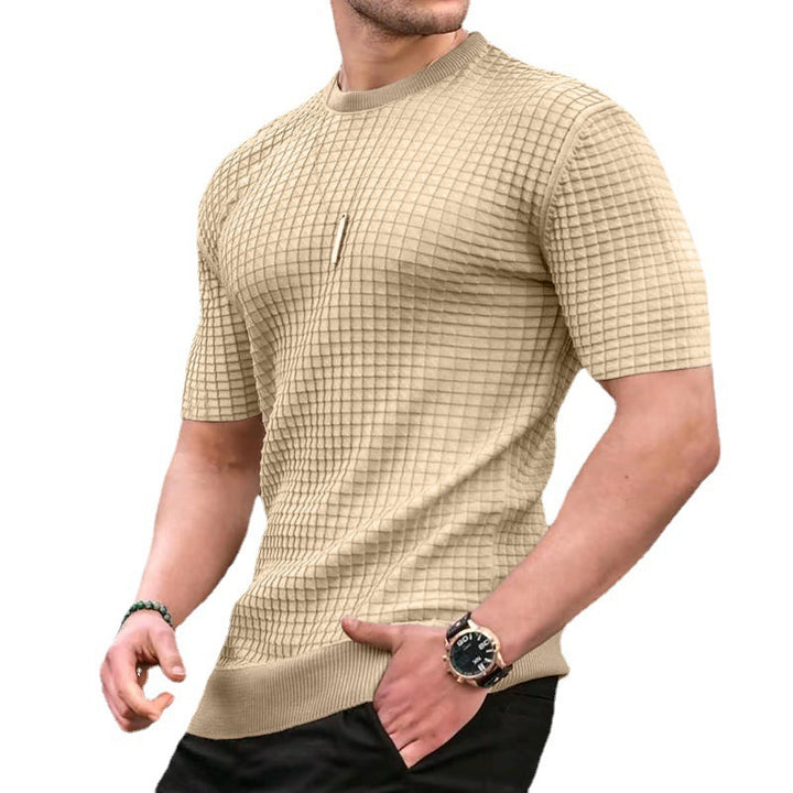 Men's waffle structure short sleeve knit shirt with slim fit and elastic rib hem Mune Fashion