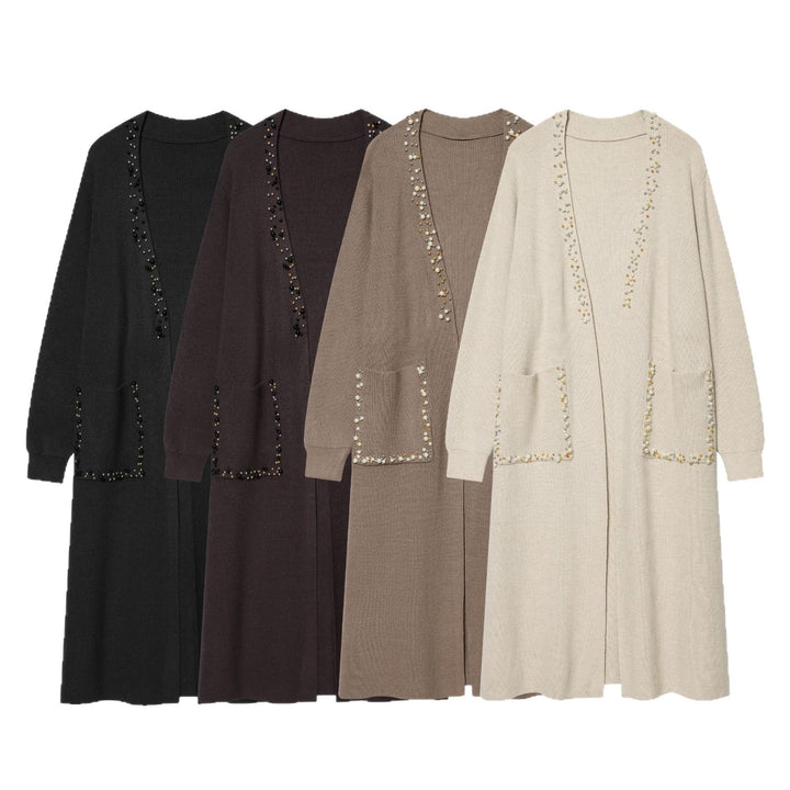 Women's long open cardigan with pearl embellishments and patch pockets Mune Fashion