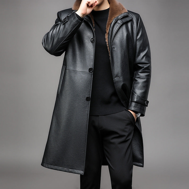 Men's Long Leather Coat with Removable Fur Collar and Thermal Lining Mune Fashion