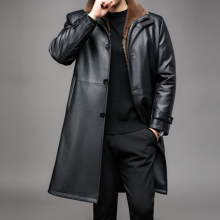 Men's Long Leather Coat with Removable Fur Collar and Thermal Lining Mune Fashion