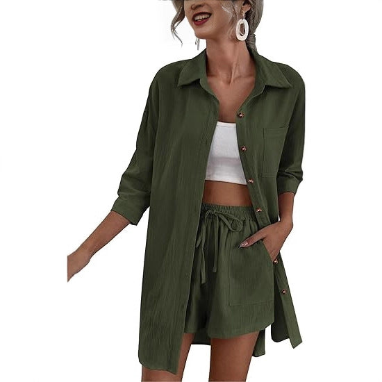 Women's Lightweight Longline Shirt Jacket Set with Elastic High-Waist Shorts Mune Fashion
