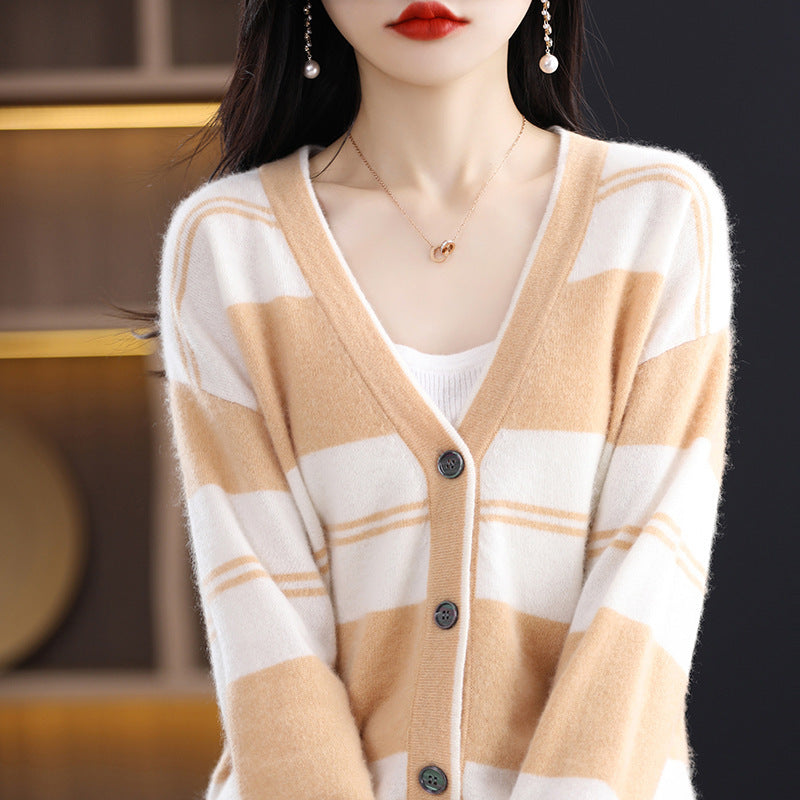 Ladies Mid-length Fine Knit Cardigan with Wide Block Stripes, V-neck and Ribbed Cuffs Mune Fashion