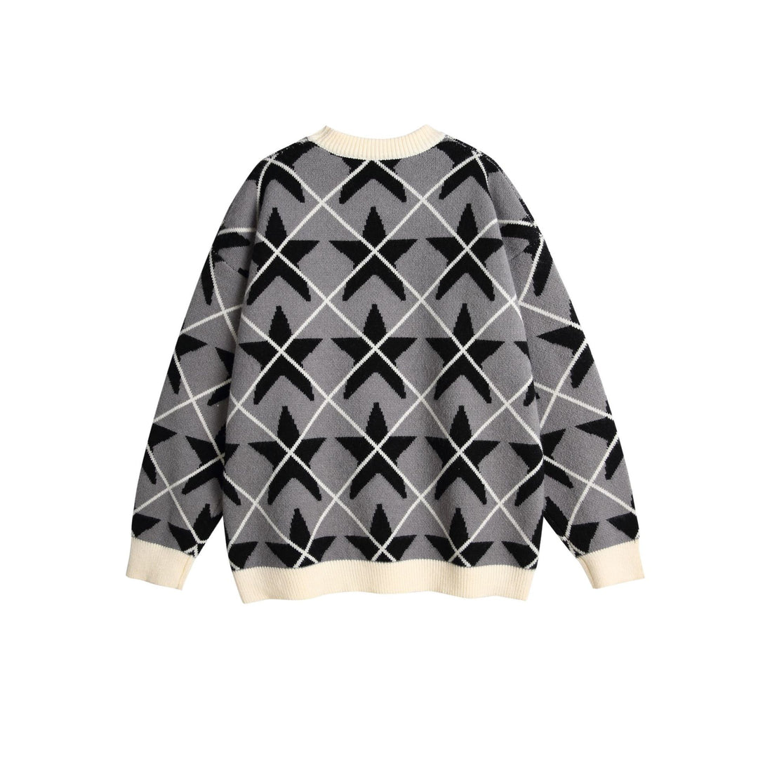 Unisex Chunky Knit Crew Neck Sweater with Star Jacquard Mune Fashion