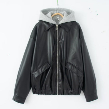 Women Oversize Faux Leather Blouson with Hood Insert and Flap Pockets Mune Fashion