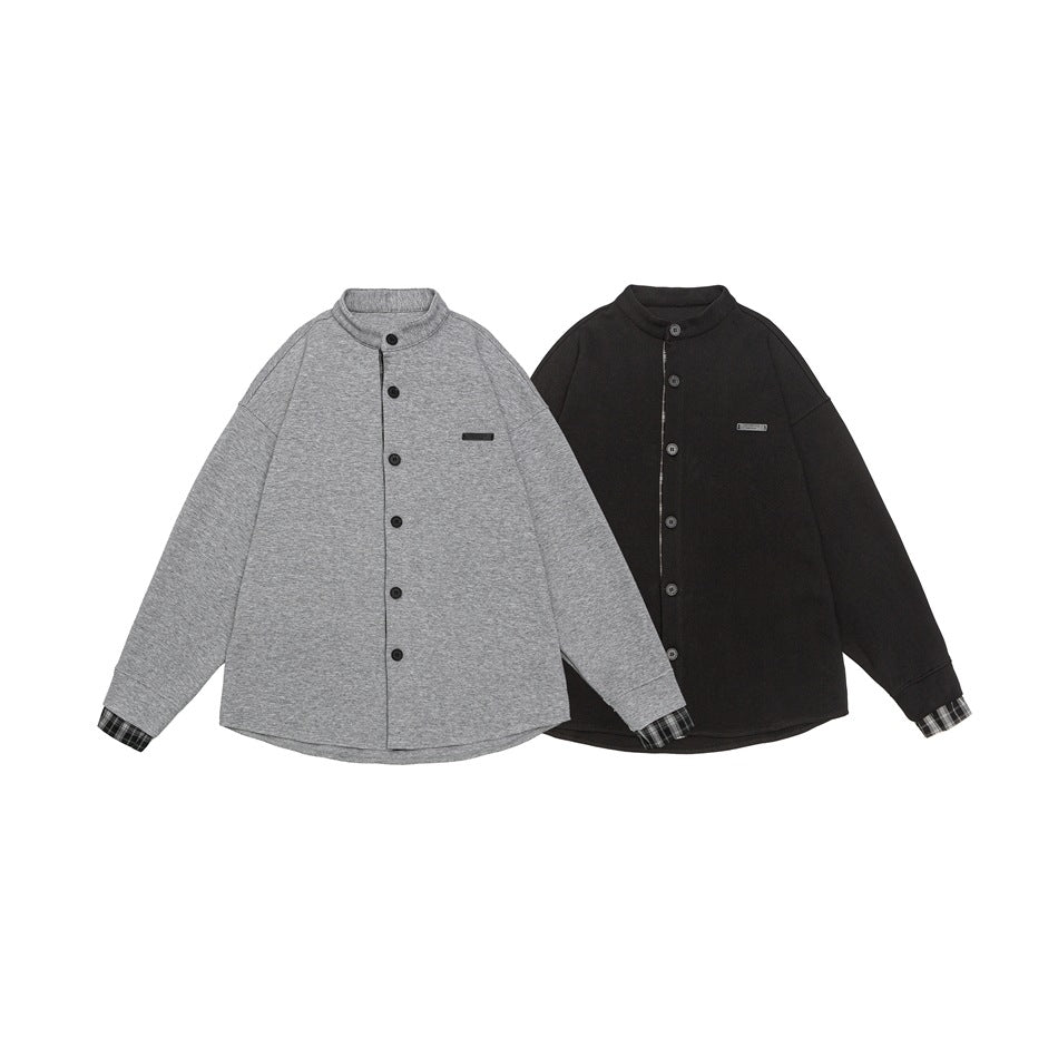 Unisex Oversized Shirt Jacket in Sweat Overlay with Stand-Up Collar and Checkered Inner Cuff Mune Fashion