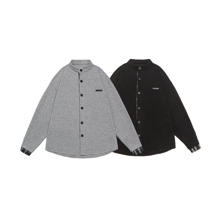 Unisex Oversized Shirt Jacket in Sweat Overlay with Stand-Up Collar and Checkered Inner Cuff Mune Fashion