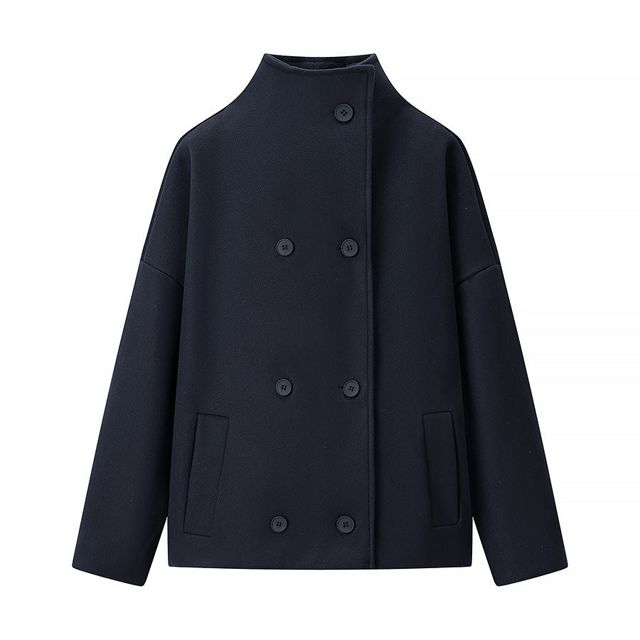Women's Boxy Wool Blend Caban Jacket with Stand Collar and Dropped Shoulders Mune Fashion