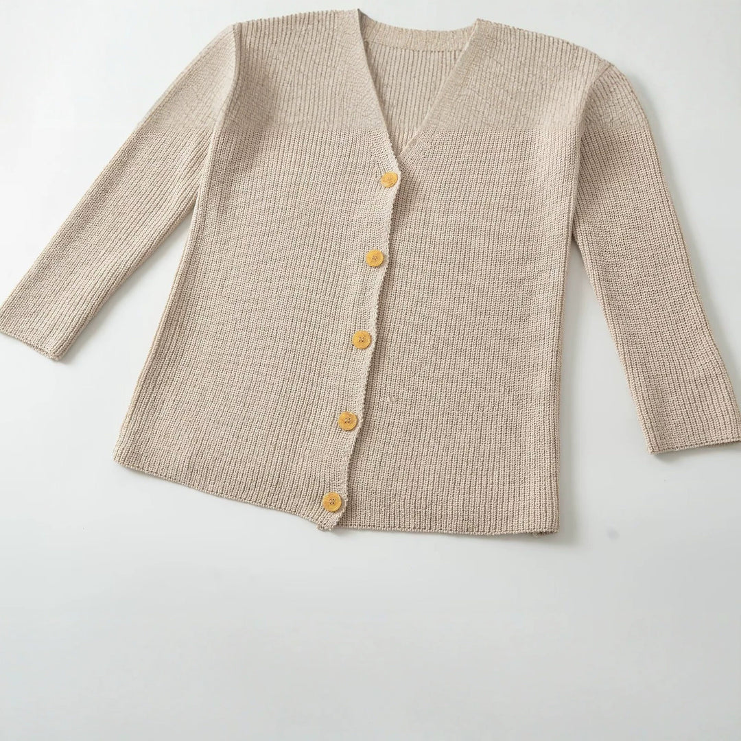 Women Long Fine Knit Cardigan with Deep V-Neck and Wooden Buttons Mune Fashion