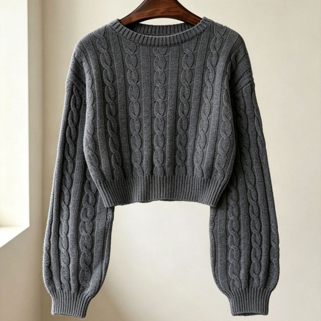 Women Cropped Cable Knit Sweater with Boxy Silhouette and Balloon Sleeves Mune Fashion