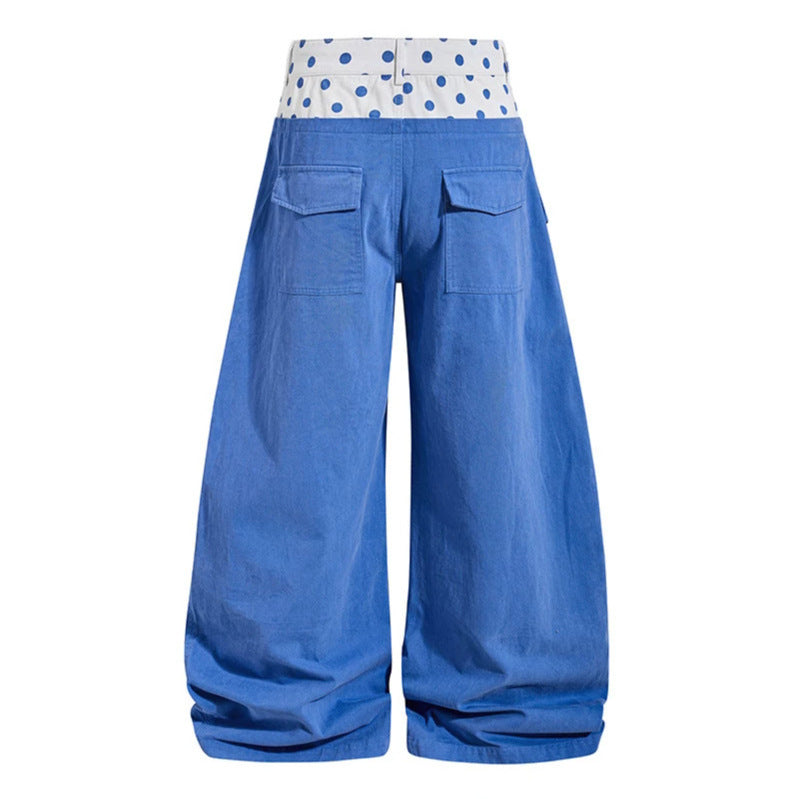 Women's Wide High-Waist Palazzo Pants with Polka-Dot Waistband and Jewelry Pendant Mune Fashion