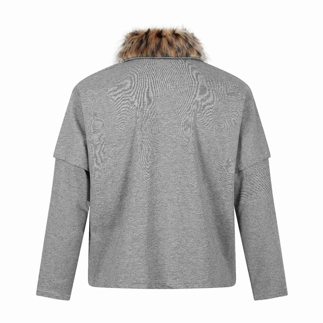 Women Layered-Look Long Sleeve Polo with Faux Fur Collar and Badge Embroidery Mune Fashion