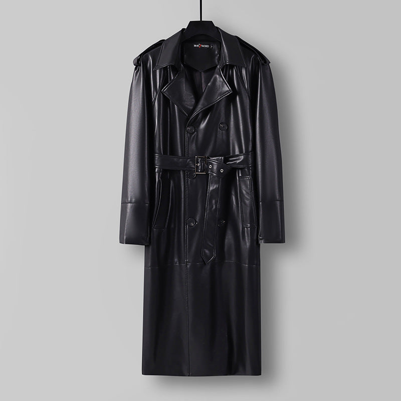 Men's Long Faux Leather Trench Coat with Double Breasted, Belted Waist and Epaulettes Mune Fashion