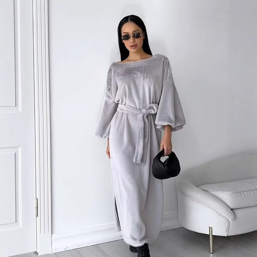 Women's Cozy Midi Dress with Tied Belt and Balloon Sleeves Mune Fashion