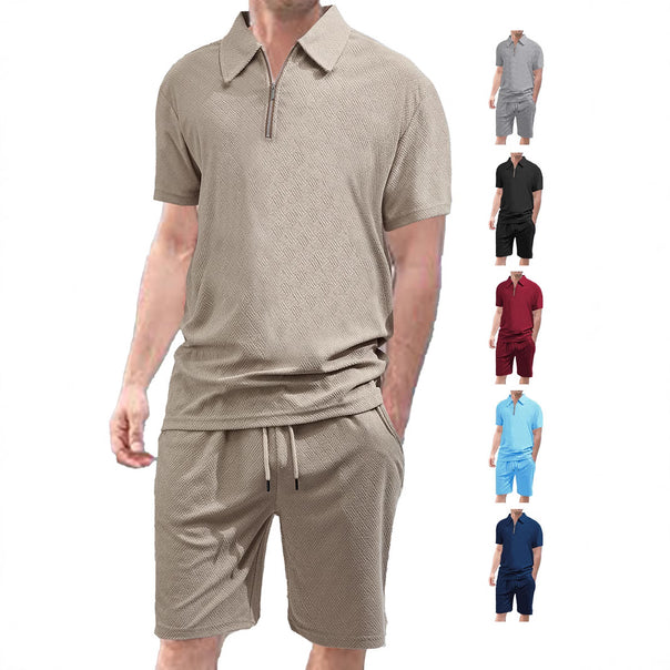 Men's comfortable short sleeve half zip set with polo collar and elastic cord pants made of textured knit Mune Fashion