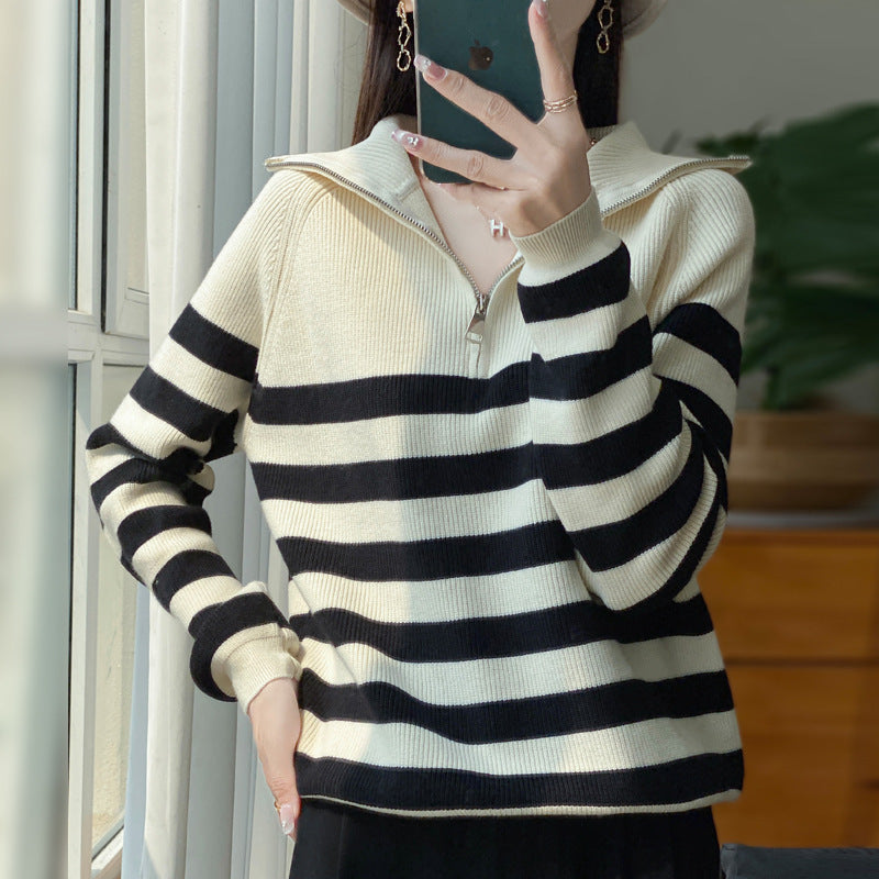 Women's Maritime Sweater Pullover made of fine ribbed knit with wide horizontal stripes Mune Fashion