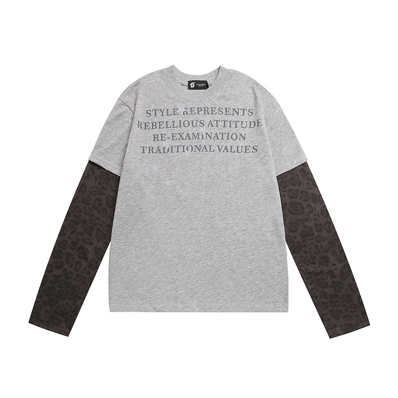 Women Layered Long Sleeve Shirt with Contrast Sleeves in Leopard Pattern and Statement Print Mune Fashion