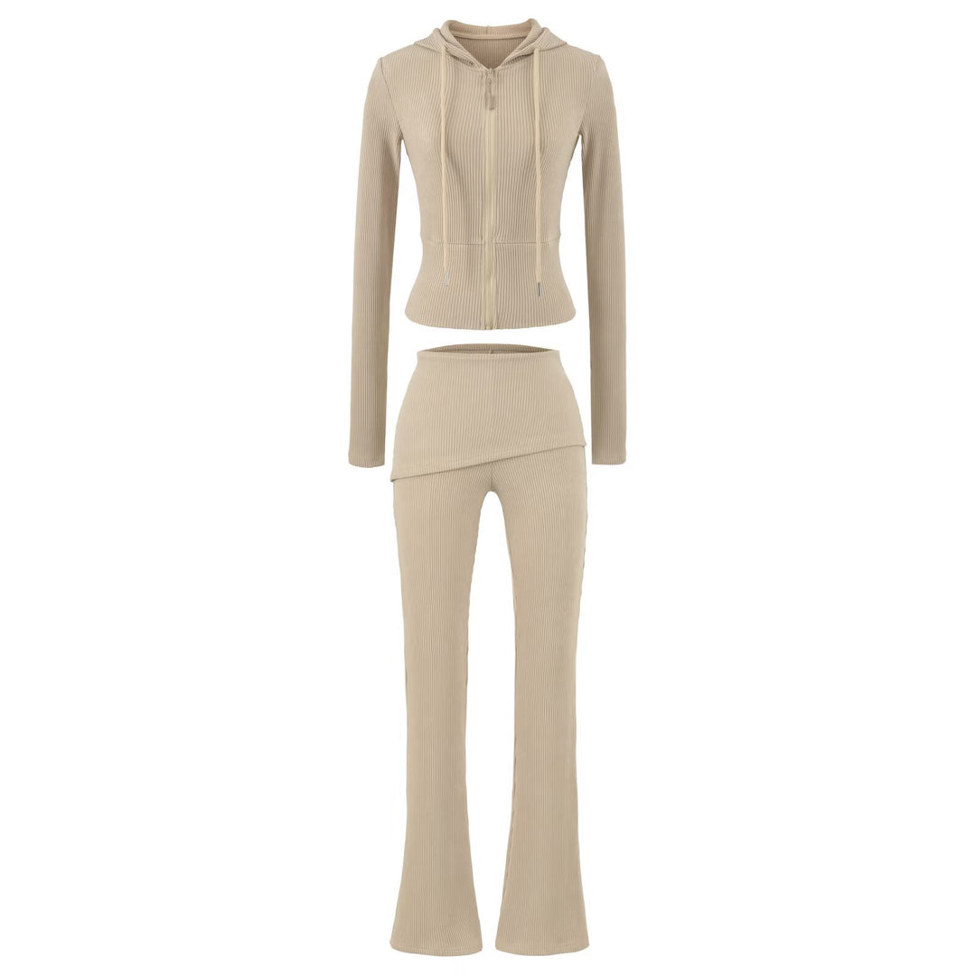 Women's Ribbed Lounge Set with Hooded Jacket and Wrap Waist Pants Mune Fashion