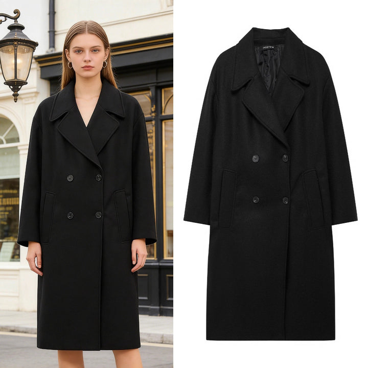 Women's Double-Breasted Wool Blend Coat with Oversized Cut and Lapel Collar Mune Fashion