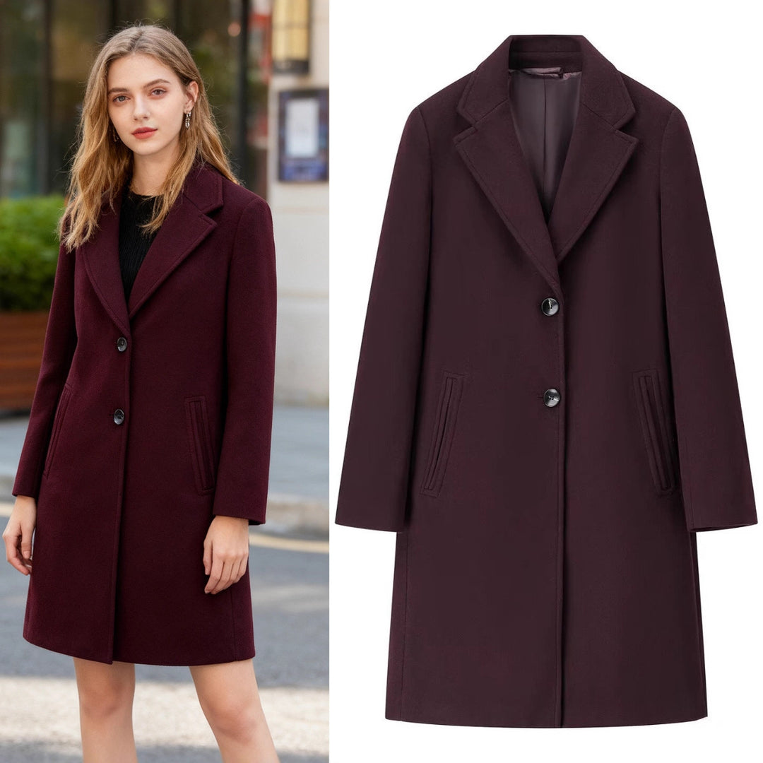 Women's Longline Single-Breasted Wool Blend Coat with Notched Collar and Welt Pockets Mune Fashion