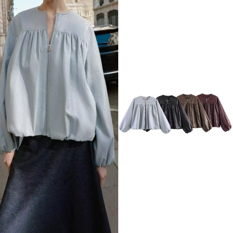 Women's short jacket made of faux leather with gathered yoke and balloon sleeves Mune Fashion