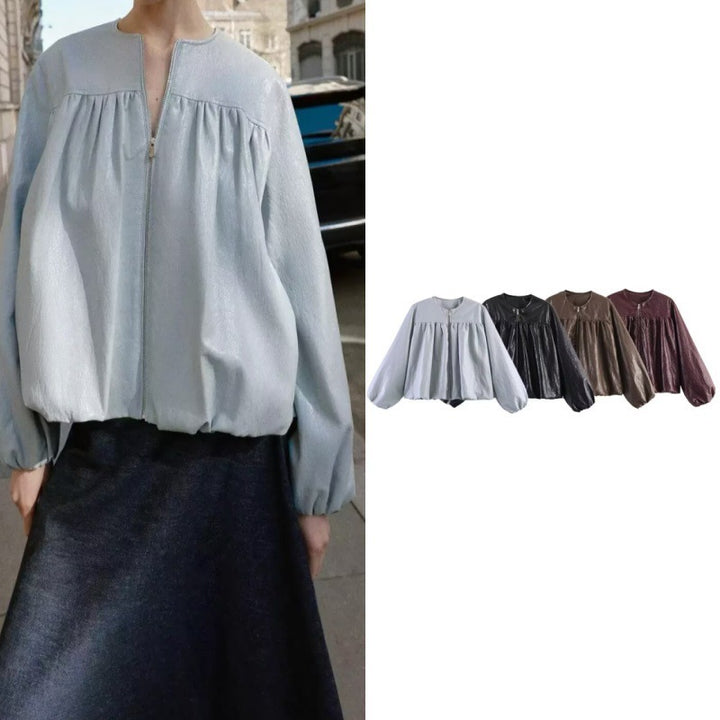 Women's short jacket made of faux leather with gathered yoke and balloon sleeves Mune Fashion