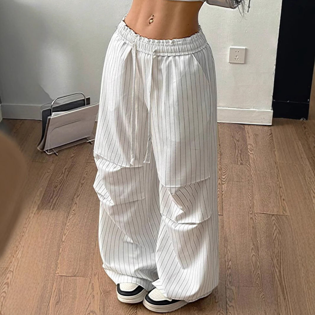Women's Wide Pinstripe Lounge Pants with High Elastic Waistband and Drawstring