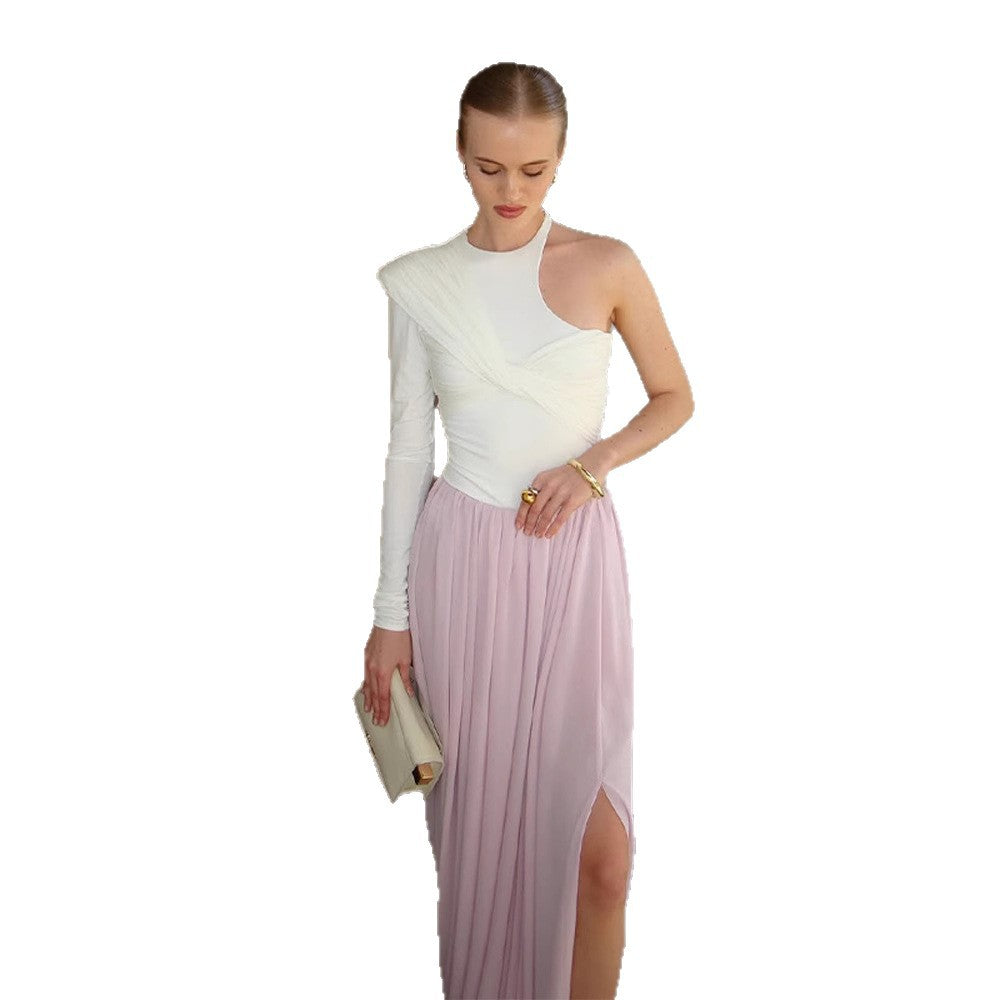 Women Asymmetric One-Shoulder Maxi Dress with Draped Top, Long Pleated Skirt and Leg Slit Mune Fashion