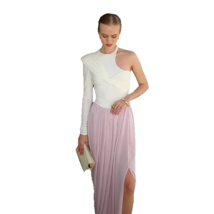 Women Asymmetric One-Shoulder Maxi Dress with Draped Top, Long Pleated Skirt and Leg Slit Mune Fashion