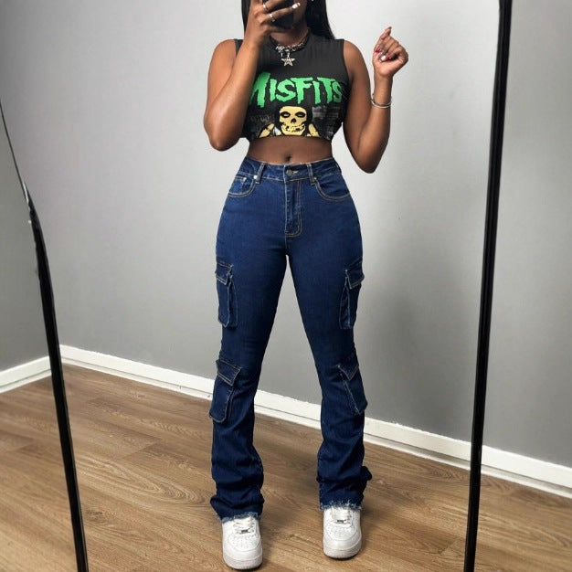 Ladies High-Waisted Cargo Jeans with Multiple Flap Pockets & Flared Hem Mune Fashion