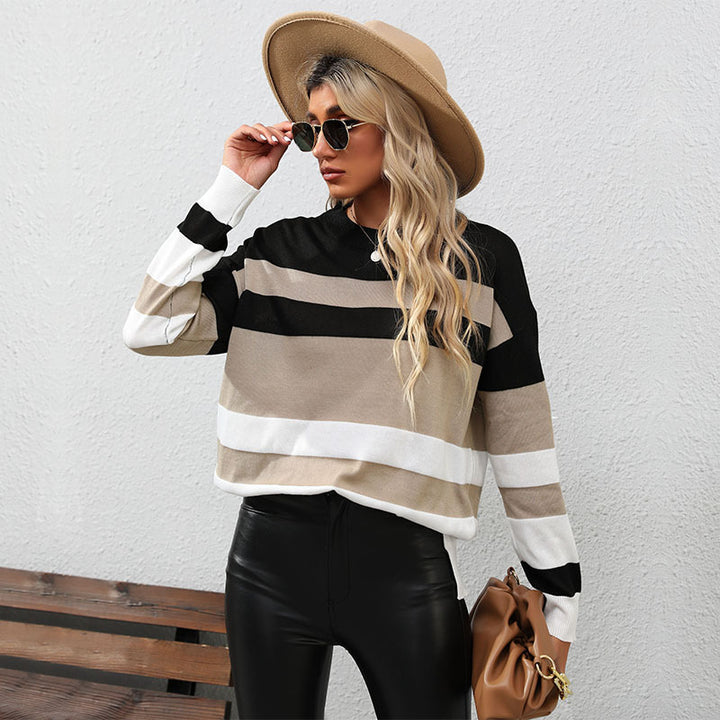 Women Striped Oversized Fine Knit Sweater with Round Neck and Ribbed Cuffs Mune Fashion