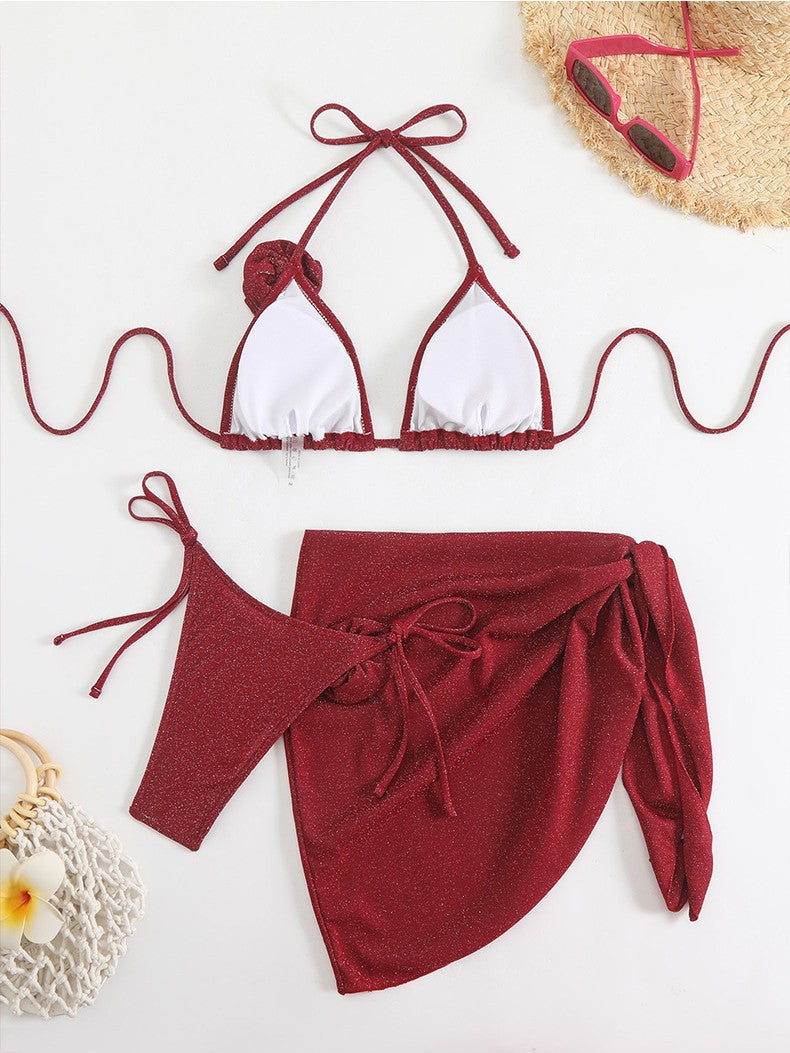Women's Glittering Triangle Bikini with Elegant Wrap Skirt Mune Fashion