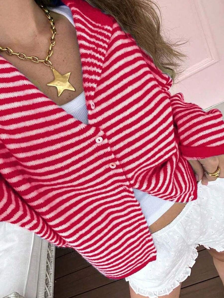 Women's Striped Oversize Knit Cardigan with Button Placket and Maritime Look Mune Fashion