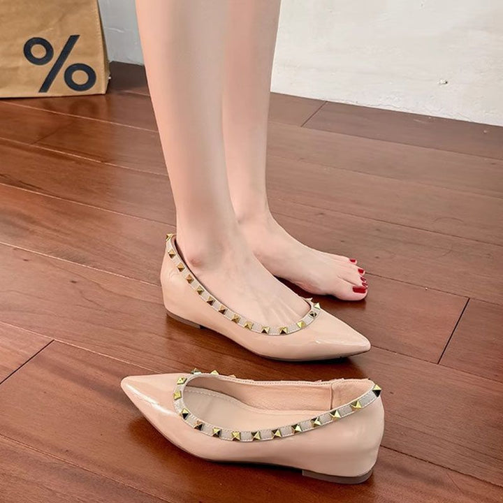 Ladies Flat Pointed Patent Ballerinas with Cushioned Comfort Insole and Studded Trim Mune Fashion