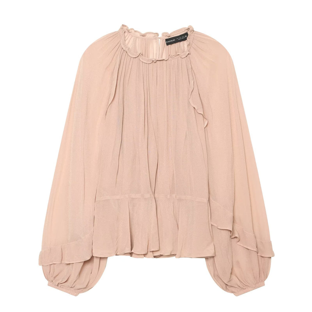 Ladies Ruched Pleated Chiffon Blouse with Stand Collar and Balloon Sleeves Drune