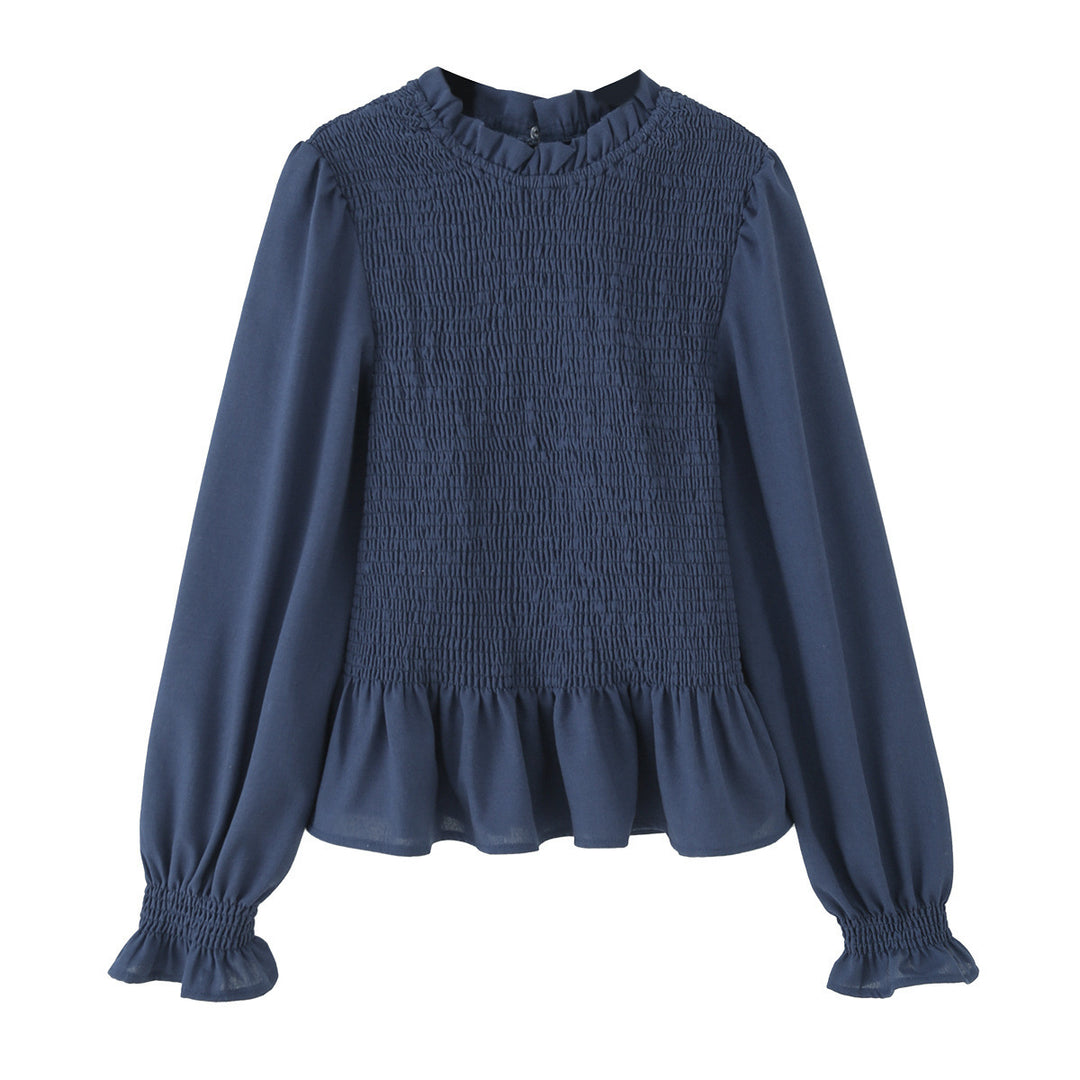 Women 10+ lightweight smock blouse shirt with ruffle collar, balloon sleeves and peplum Mune Fashion