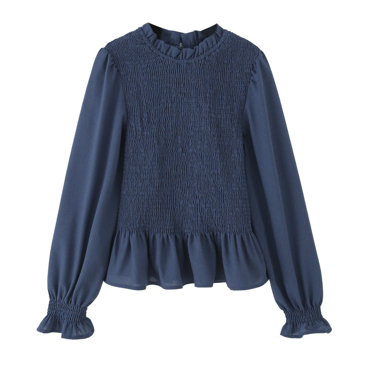 Women 10+ lightweight smock blouse shirt with ruffle collar, balloon sleeves and peplum Mune Fashion