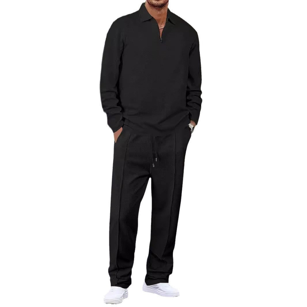 Unisex Nan Waffle Structure Leisure Set with Half-Zip Polo Shirt and Elastic Waist Pants Mune Fashion