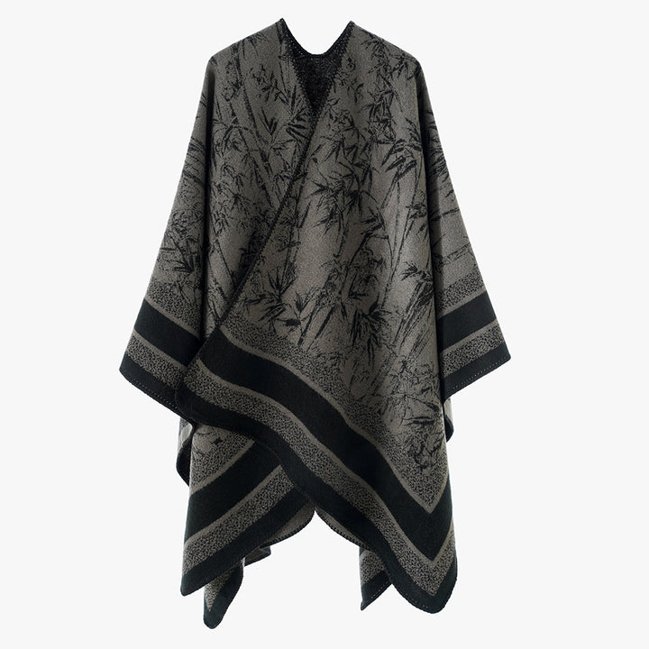 Women's Jacquard Poncho in Cape Style with Bamboo Design and Open Front Mune Fashion