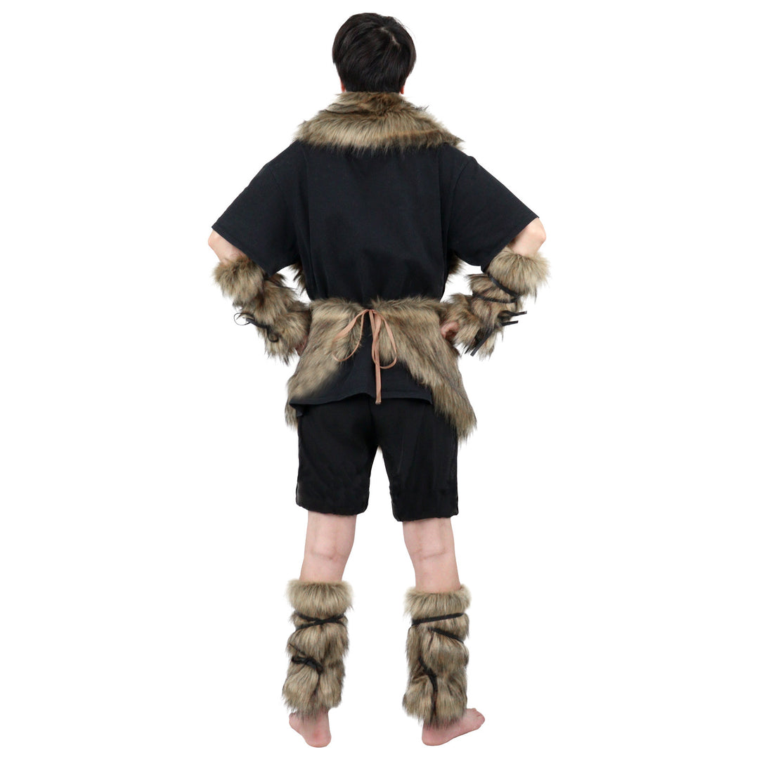 Men's Viking-inspired faux fur accessory set with shawl collar hip apron arm protectors and shin guards Mune Fashion