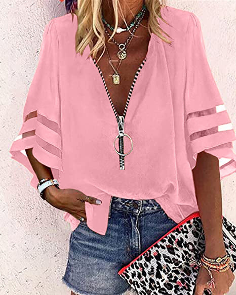 Women V-neck blouse with decorative ring zipper and cut-out sleeves Mune Fashion