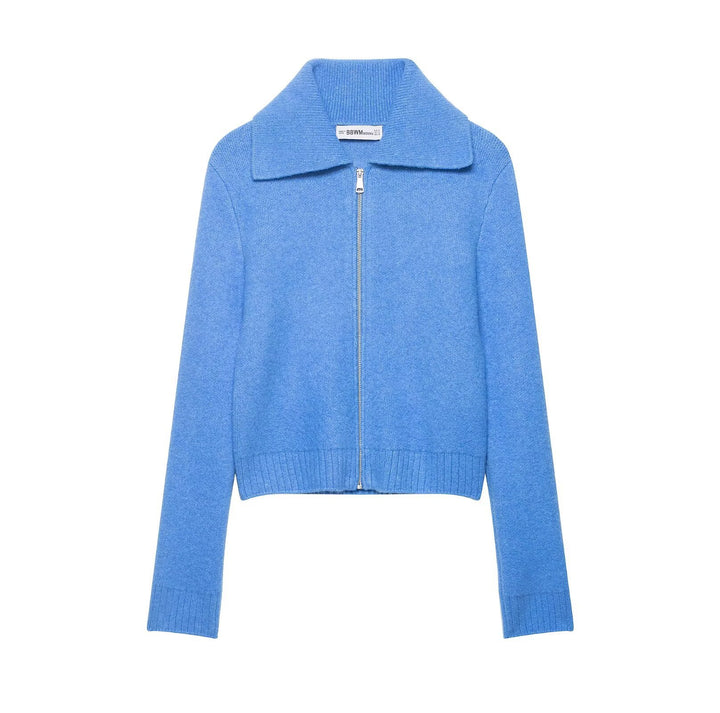 Women's Short Cardigan with Zipper, Wide Polo Collar and Ribbed Hem Mune Fashion