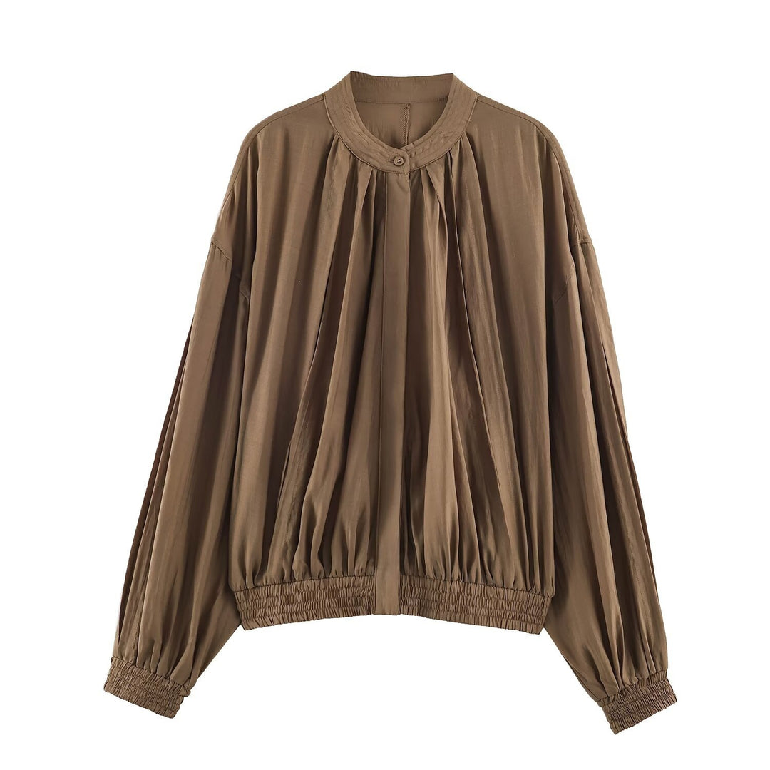 Women's Light Pleated Blouson Jacket with Stand-up Collar and Smocked Waist Mune Fashion
